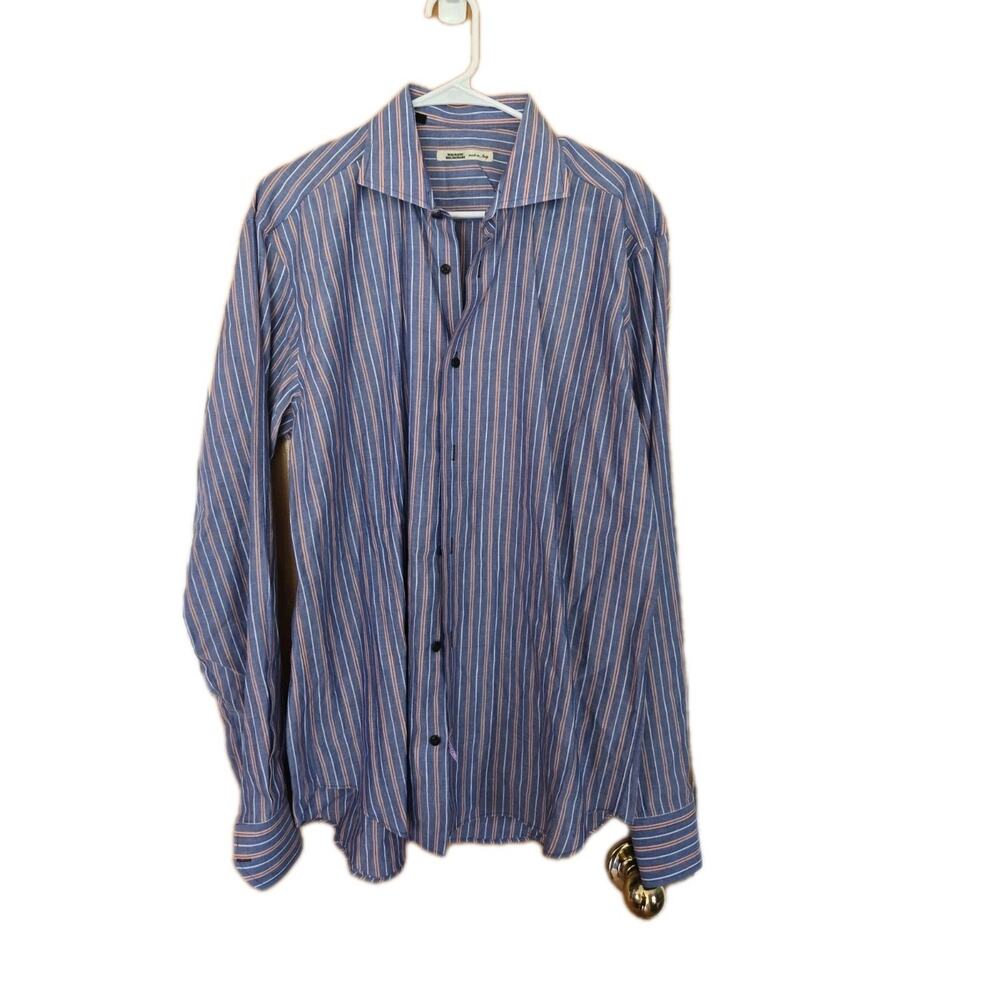 Maurizio Baldassari Shirt Mens XL Blue Cotton Linen Striped Made In Italy